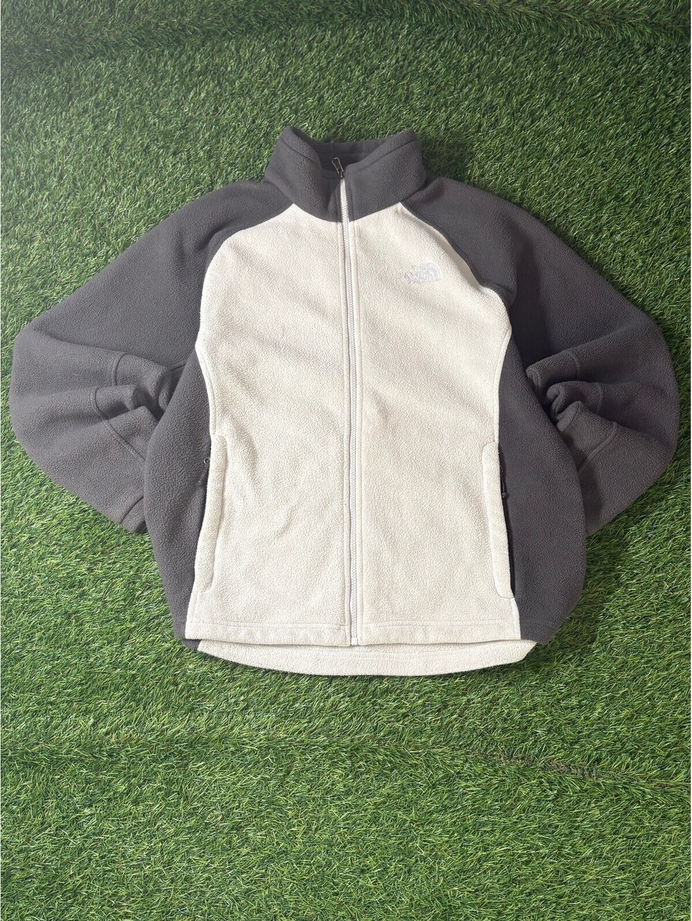 Vintage The North Face Fleece Jacket Gray Cream Polyester Mens Size M